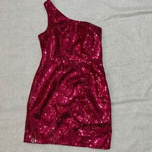 One shoulder pink sequin dress